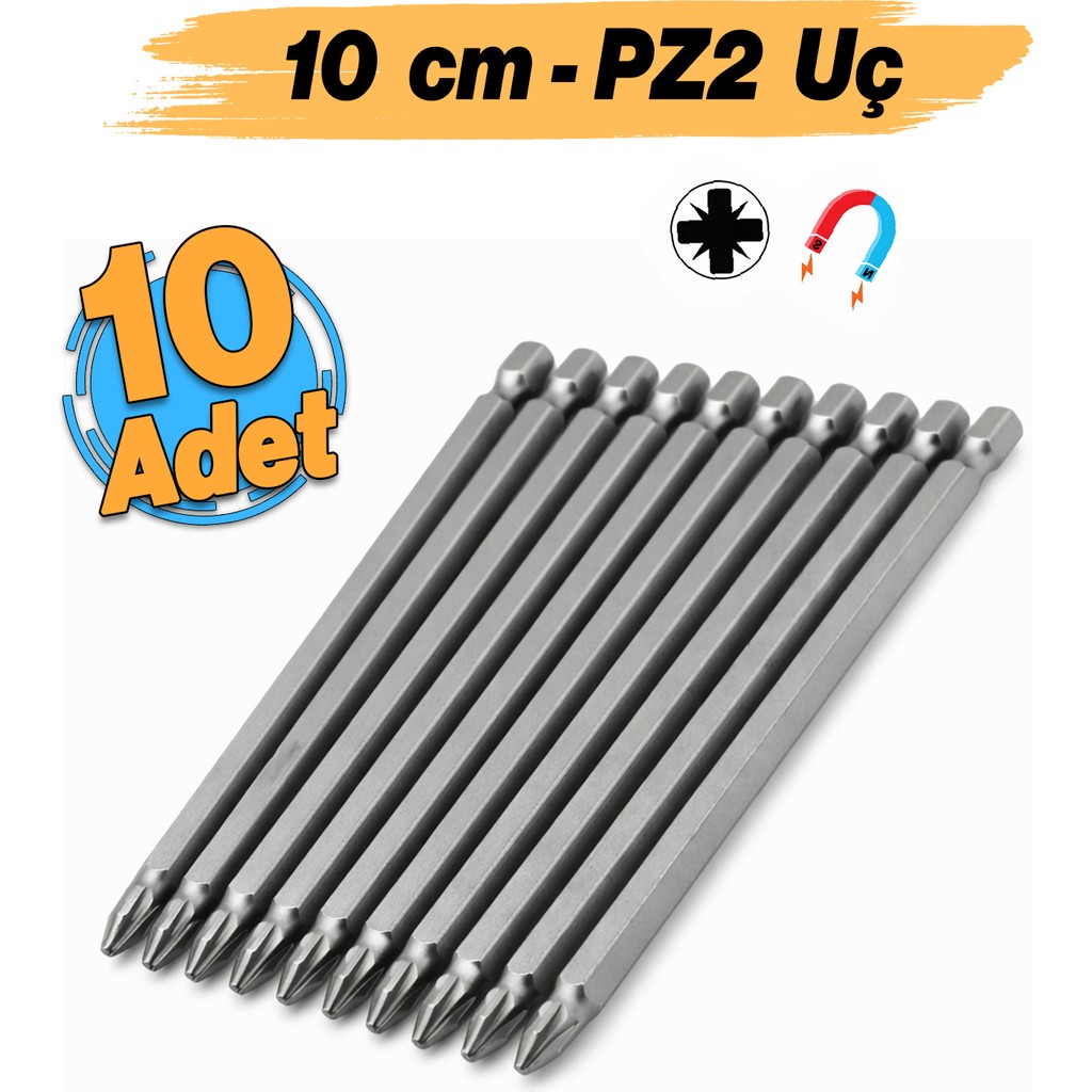 Badem10 (10 Adet) Mıknatıslı 100 mm Pozidriv Bits Uç Pz2 Manyetik 1/4" Matkap Ucu 10 cm Matkap Ucu Uç - Gümüş Matkaplar Fiyatı