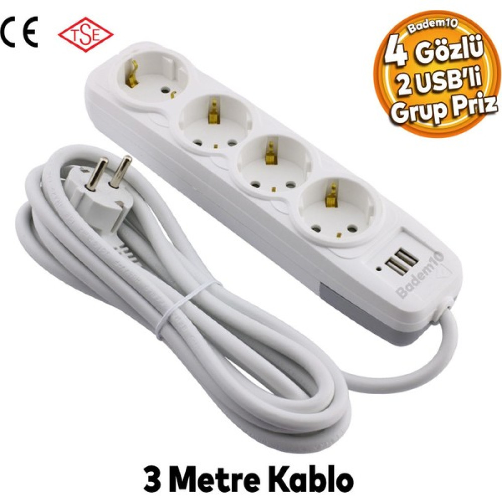 Badem10 2 Usb'li 4'lü Grup Priz 3 Metre Kablolu Fiş Priz Topraklı Çoklu Grup Priz Çoğaltıcı Dörtlü - Beyaz Prizler Fiyatı