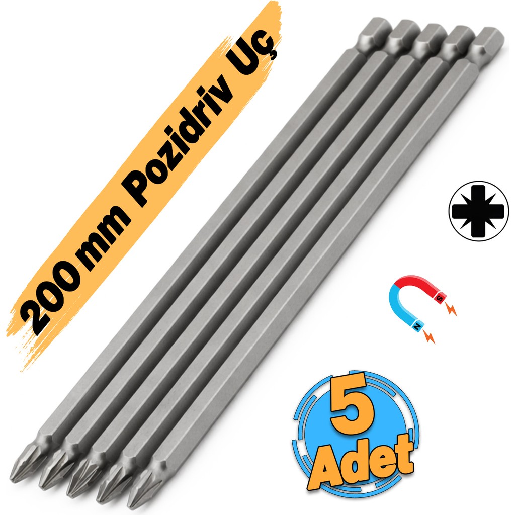 Badem10 (5 Adet) Mıknatıslı 200 mm Pozidriv Bits Uç Pz2 Manyetik 1/4" Matkap Ucu 20 cm Güçlü Tayvan Çeliği - Gümüş Matkaplar Fiyatı