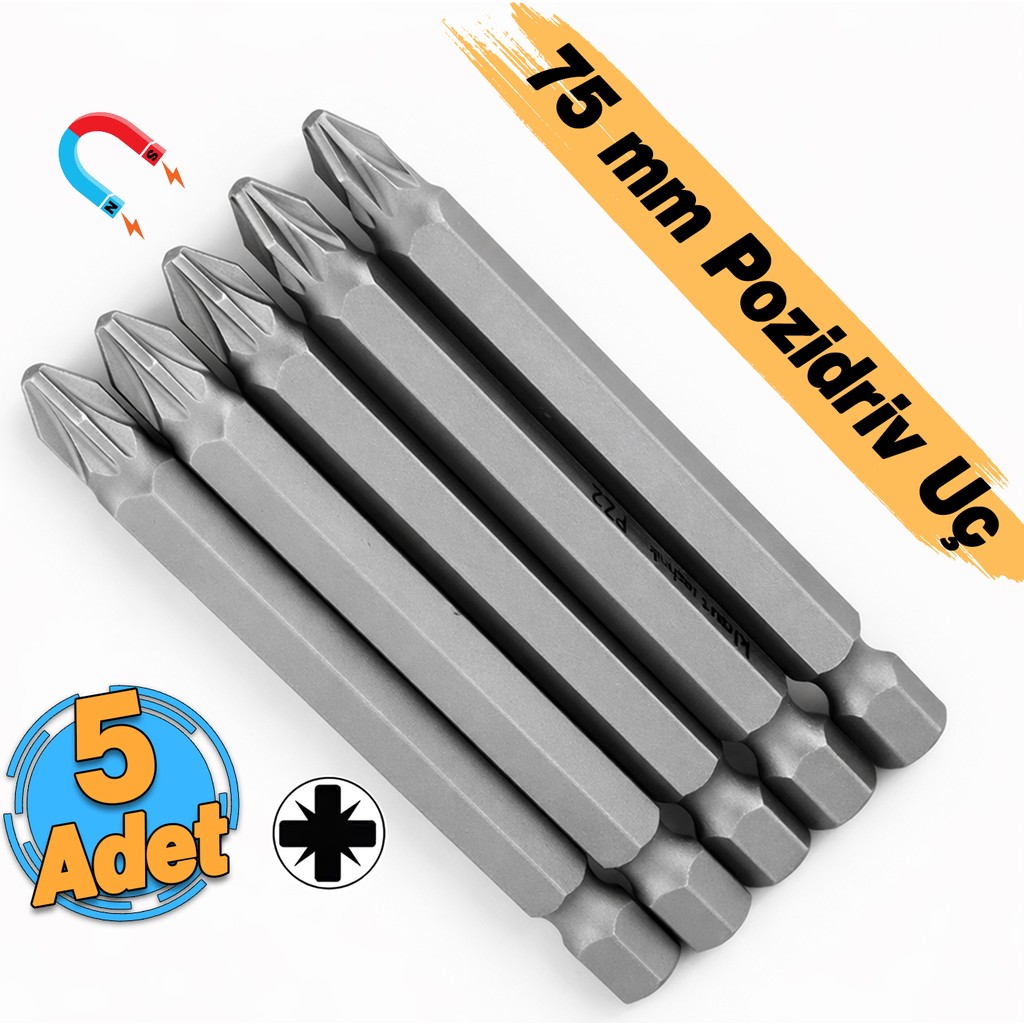 Badem10 (5 Adet) Mıknatıslı 75 mm Pozidriv Bits Uç Pz2 Manyetik 1/4" Matkap Ucu 7.5 cm Güçlü Tayvan Çeliği Matkaplar Fiyatı