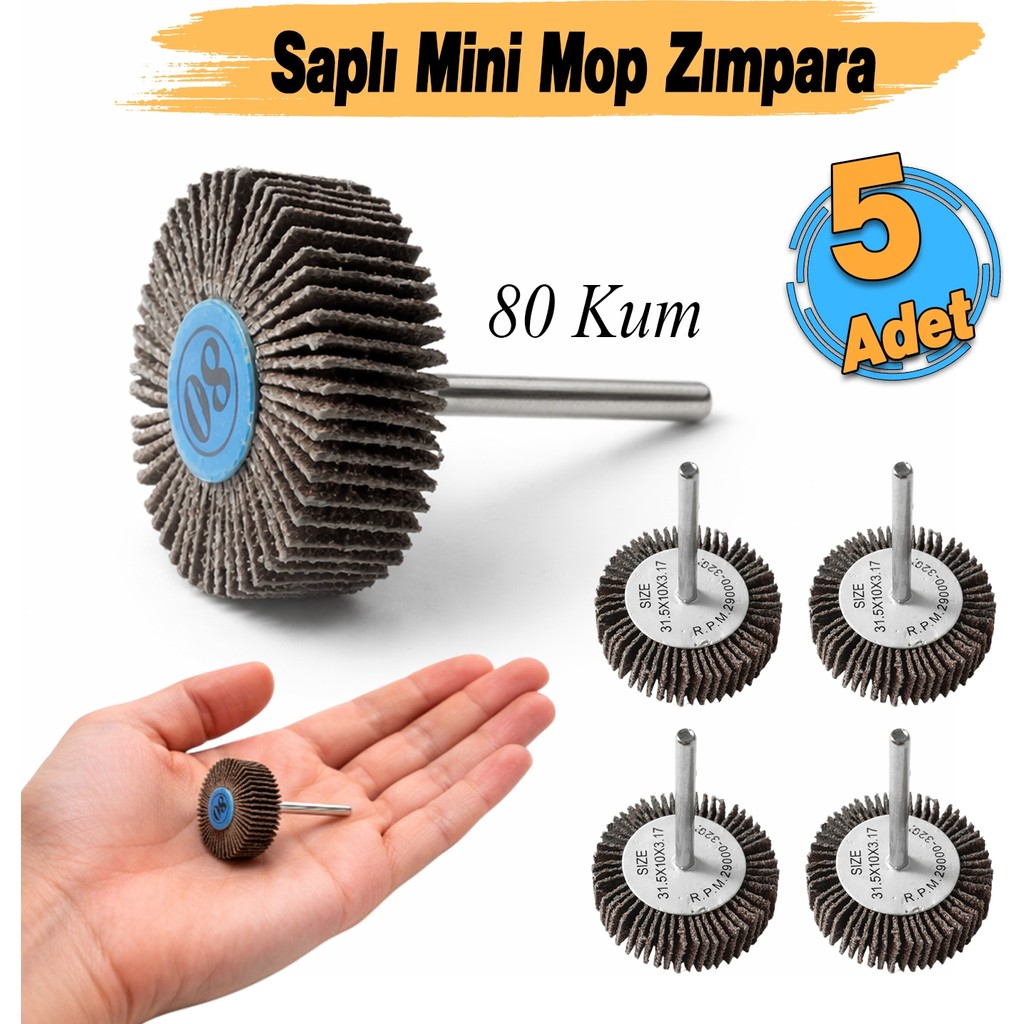 Badem10 (5 Adet) Saplı Pimli Mini 80 Kum Flap Yaprak Mop Zımpara Taşı Matkap Dremel Uyumlu Taşlama Aksesuarı - 50 mm - Renkli - 1 Adet Matkaplar Fiyatı
