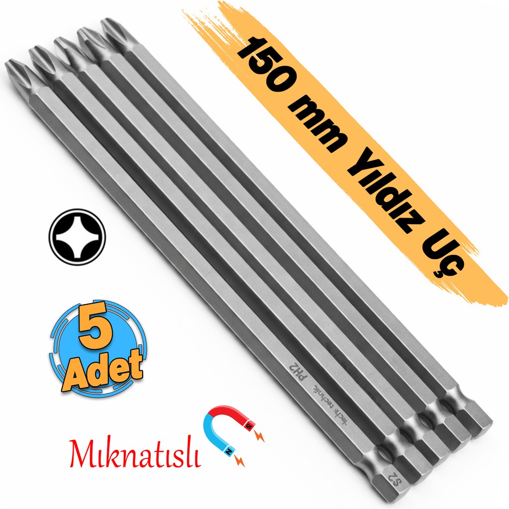 Badem10 (5 Adet) Tayvan Çeliği Mıknatıslı Yıldız Ph2 Bits Uç Manyetik 1/4" Matkap Ucu 15 cm Uzunluk - 100 mm (10 cm) - Gri Matkaplar Fiyatı