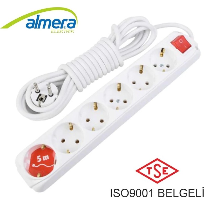 Badem10 Almera 6'lı Ara Kablo Anahtarlı Topraklı Grup Priz 5 Metre Prizler Fiyatı