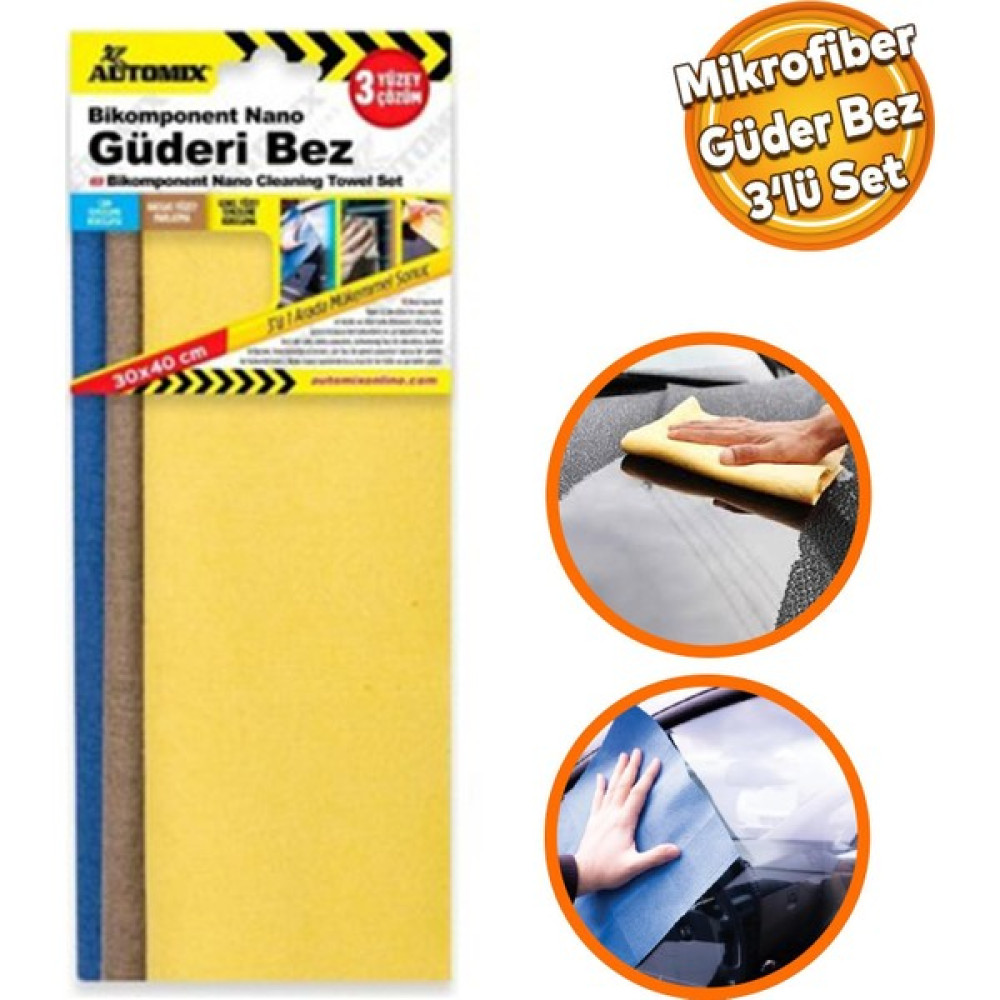 Badem10 Automix Araba Araç Otomobil Oto Cam Yıkama 3'ü 1 Arada Güderi Bikomponent Mikrofiber Bez Seti 30X40 Oto Genel Temizlik Fiyatı