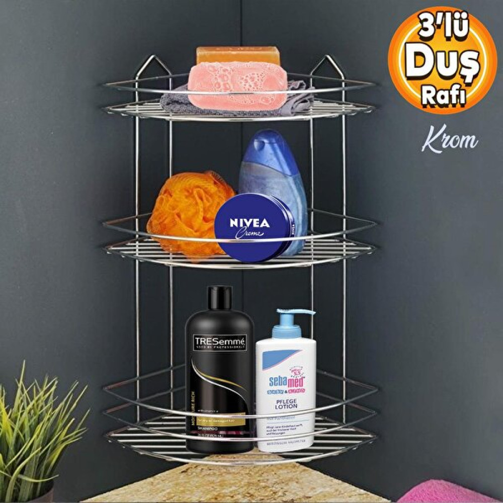 Badem10 Banyo Duş Rafı Şampuanlık Köşelik Oval Krom 3 Katlı Malzemelik Organizer Düzenleyici Mutfak Eşya Rafı Banyo Rafı Fiyatı