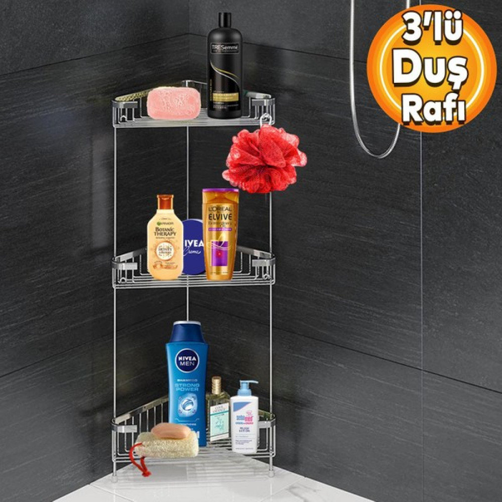 Badem10 Banyo Duş Rafı Şampuanlık Köşelik Üçgen Krom 3 Katlı Malzemelik Organizer Düzenleyici Mutfak Eşya Rafı Banyo Rafı Fiyatı