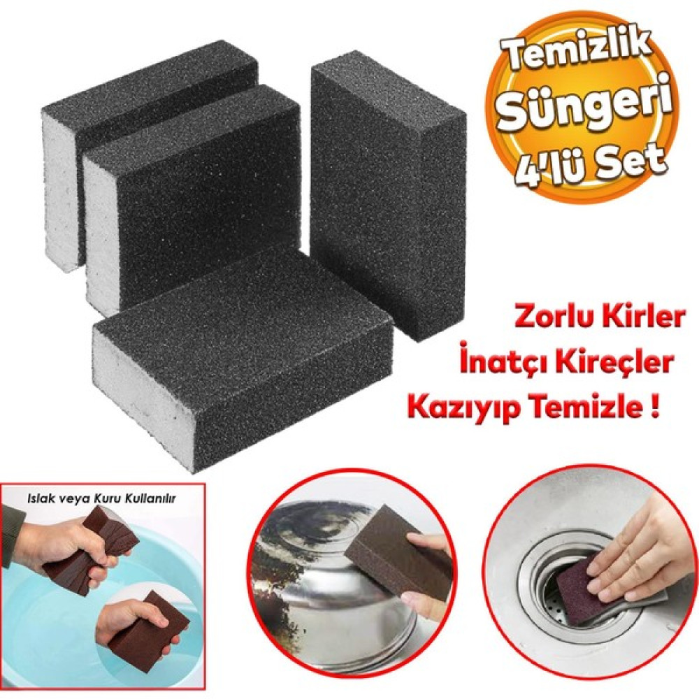 Badem10 Banyo Wc Lavabo Taşı Mutfak Evye Musluk Kireç Yağ Kir Kazıma Temizleme Islak Kuru Sünger 4'lü Set Temizlik Malzemeleri Fiyatı