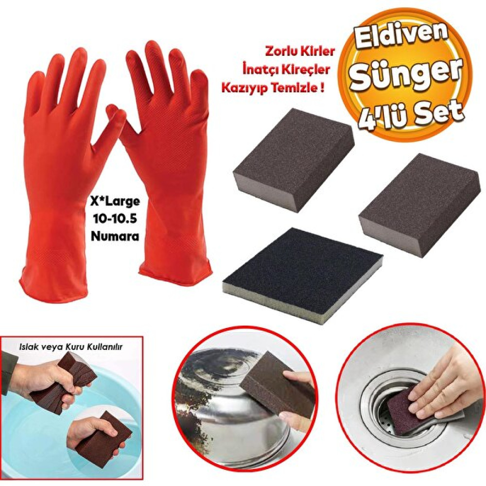 Badem10 Bulaşık Eldiven 10-10.5 Banyo Lavabo Taşı Mutfak Evye Kireç Yağ Kir Temizleme Islak Sünger 4'lü Set Temizlik Malzemeleri Fiyatı