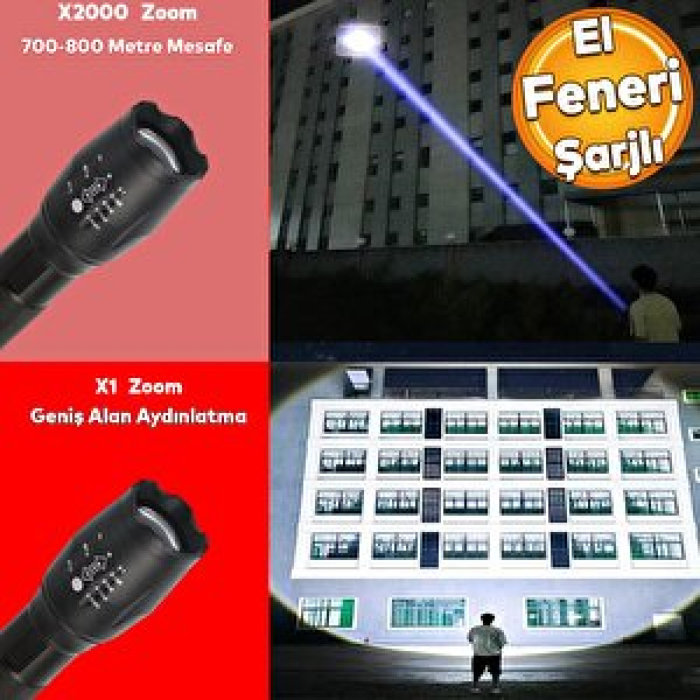Badem10 El Feneri Şarjlı P50 Led Işıldak Kamp Lambası Gece 800 Metre Uzun Menzil Aydınlatma Beyaz Işık El Feneri Fiyatı