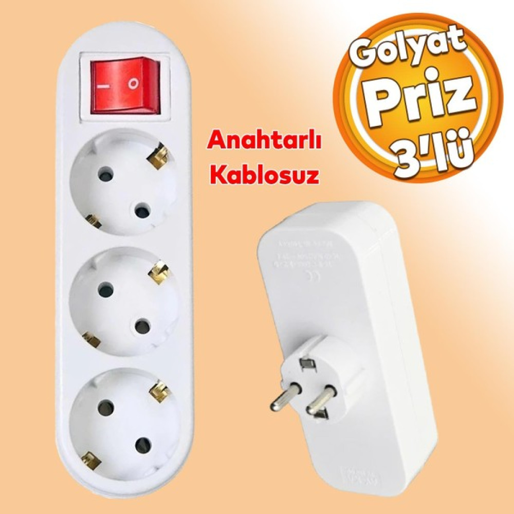 Badem10 Golyat Anahtarlı Düğmeli 3'lü Grup Priz Fiş Priz Topraklı Çoklu Çoğaltıcı Kablosuz - Beyaz Prizler Fiyatı