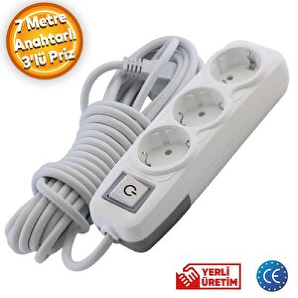 Badem10 Grup Priz 3'lü Anahtarlı Topraklı 7 Metre Seyyar Ara Kablolu Uzatma Kablolusu Üçlü Piriz Prizler Fiyatı