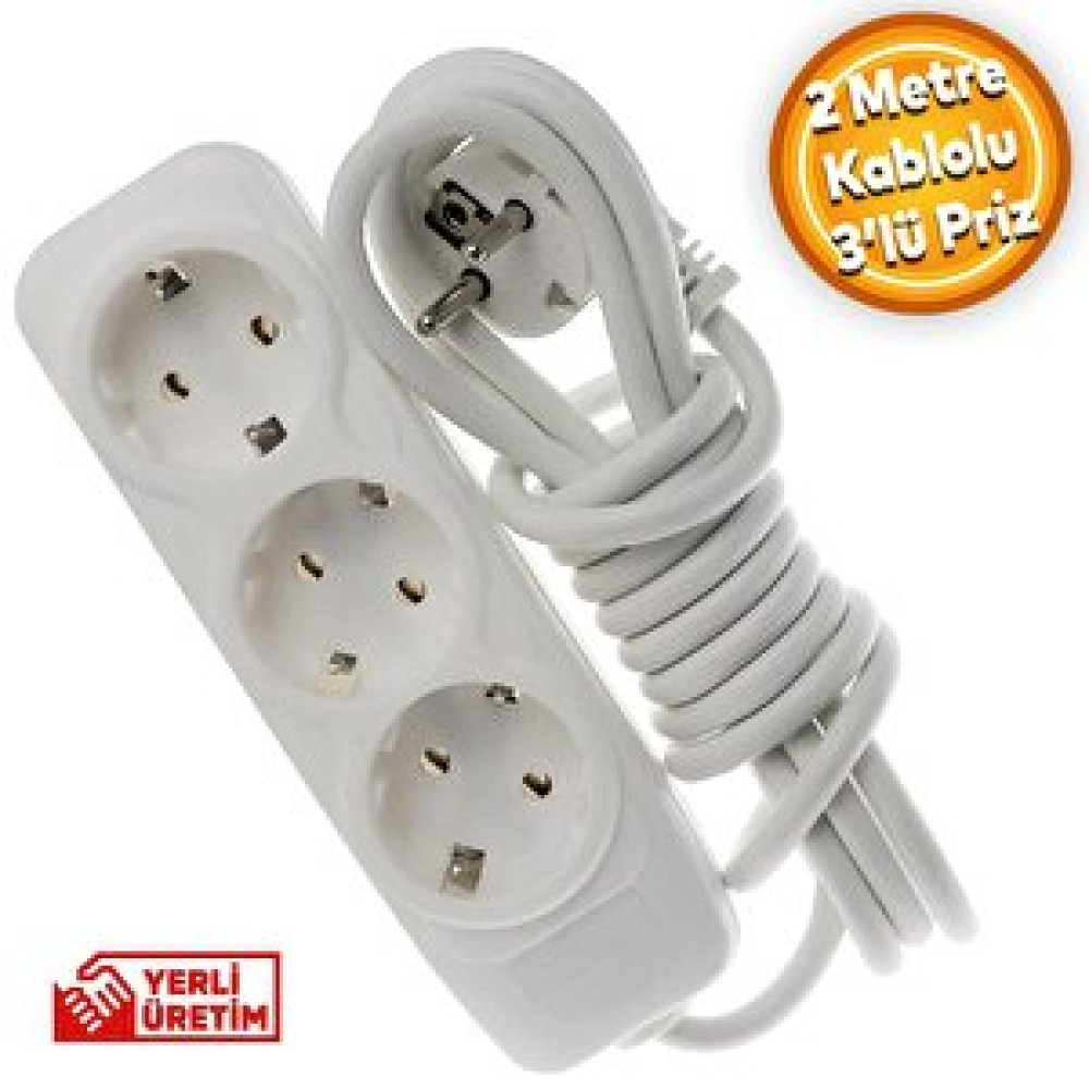 Badem10 Grup Priz 3'lü Anahtarsız Topraklı 2 Metre Seyyar Ara Kablolu Uzatma Kablolusu Üçlü Piriz Prizler Fiyatı