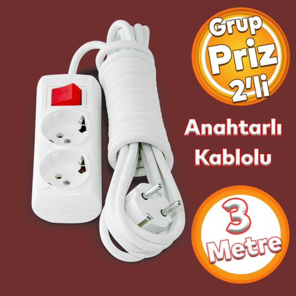 Badem10 Grup Priz Fiş Çoğaltıcı 3 Metre Topraklı Anahtarlı Düğmeli Çoklu Kablolu 2'li Asmalı Uzatma - Beyaz Prizler Fiyatı