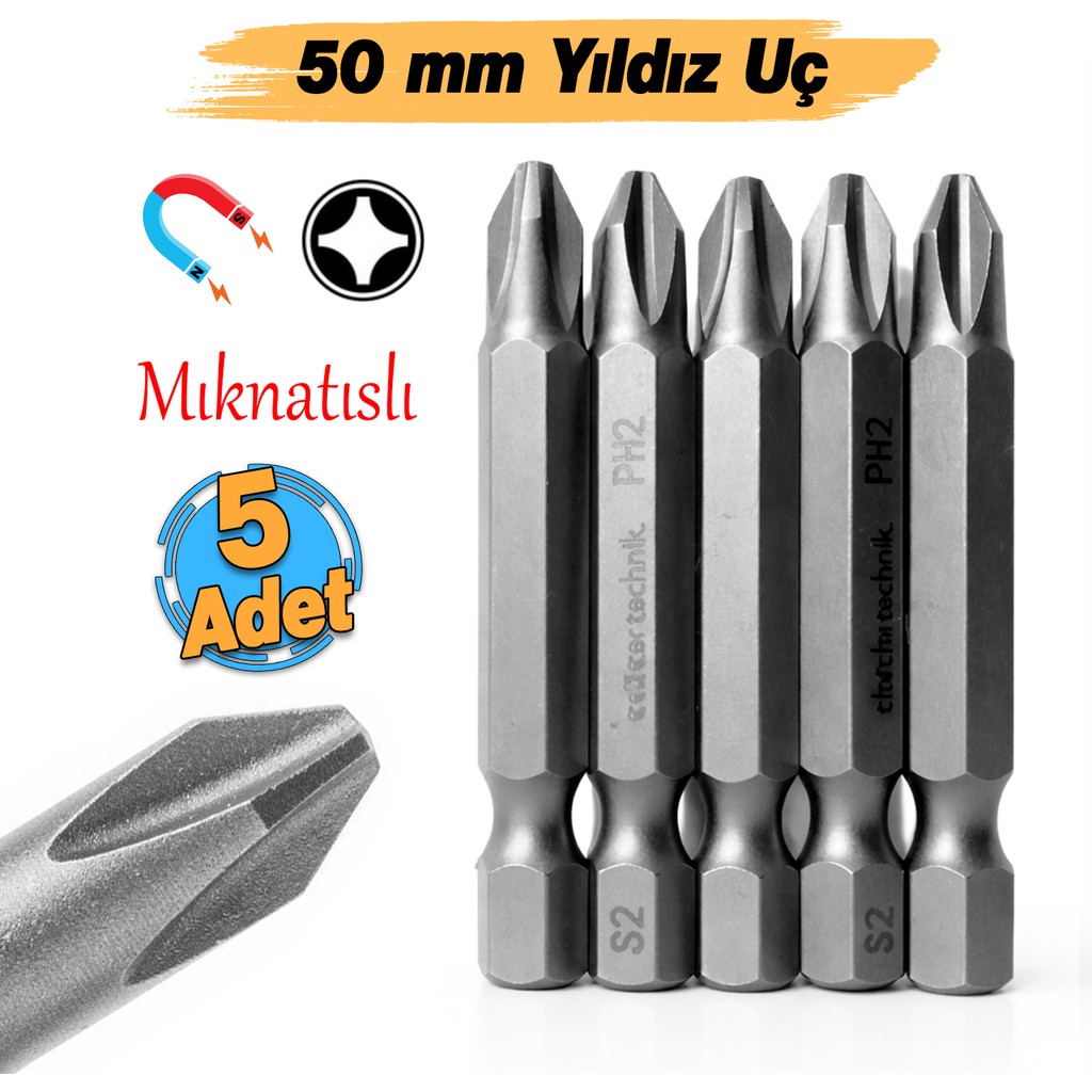 Badem10 Güçlü Tayvan Çeliği Mıknatıslı Yıldız Ph2 Bits Uç 50 mm Manyetik 1/4" Matkap Ucu 5 cm Uzunluk Matkaplar Fiyatı