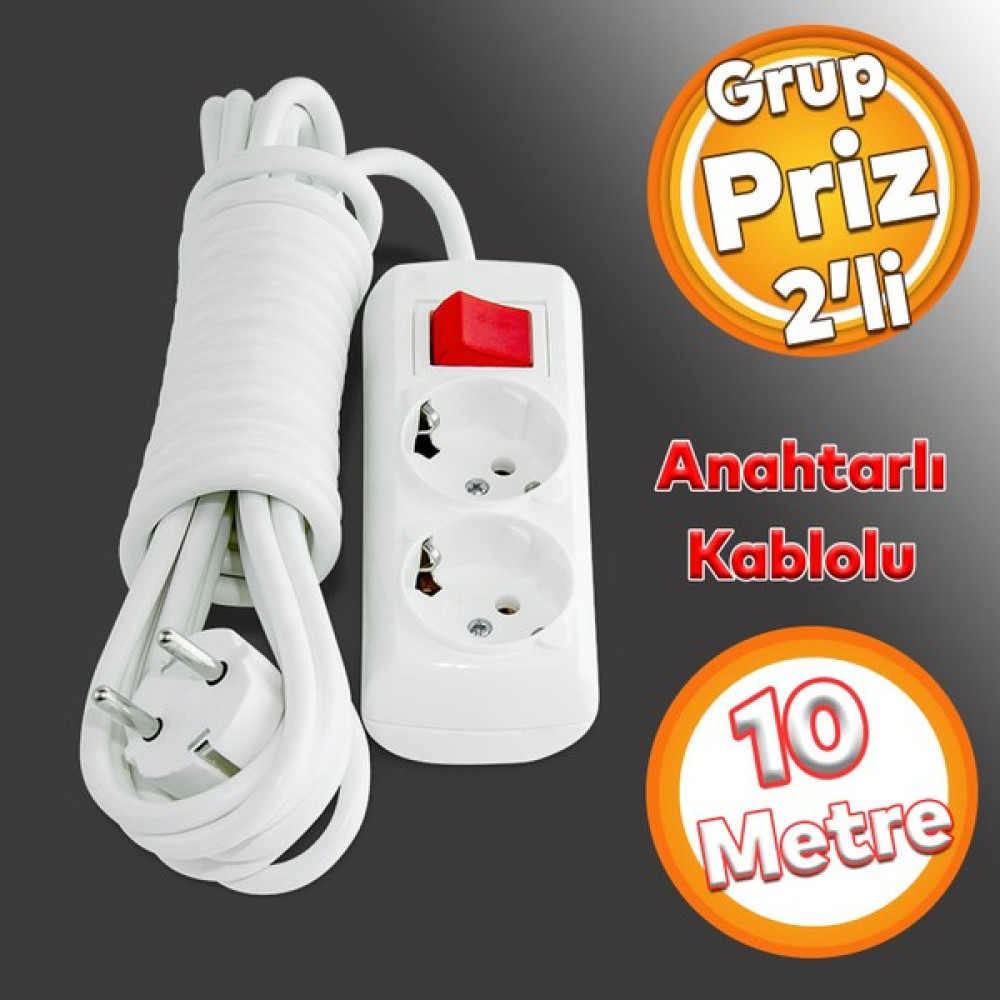 Badem10 Kablolu 2'li Grup Priz Fiş 10 Metre Topraklı Anahtarlı Düğmeli Çoklu Çoğaltıcı Asmalı Uzatma - Beyaz Prizler Fiyatı