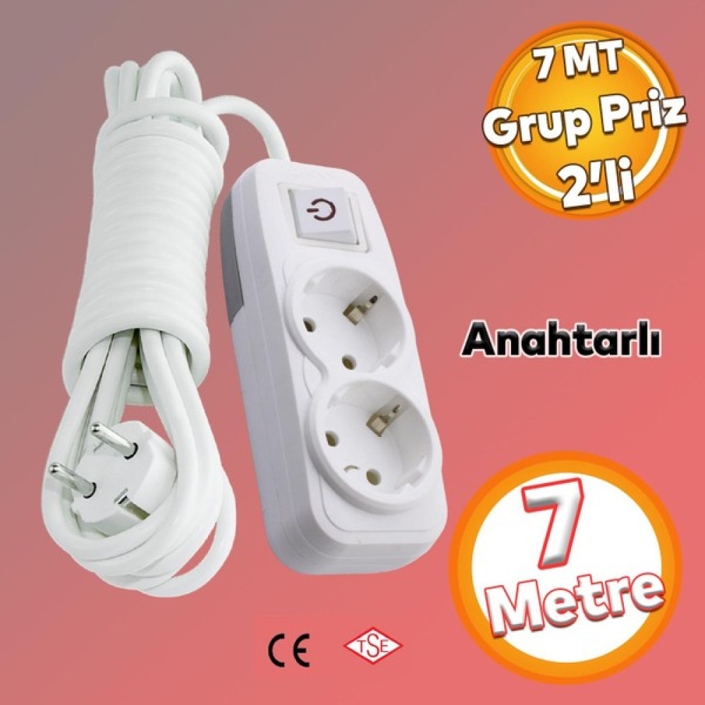 Badem10 Kablolu 2'li Topraklı Grup Priz Fiş Çoğaltıcı 7 Metre Çoklu Asmalı Uzatma Kablosu Anahtarlı Düğmeli - Beyaz Prizler Fiyatı