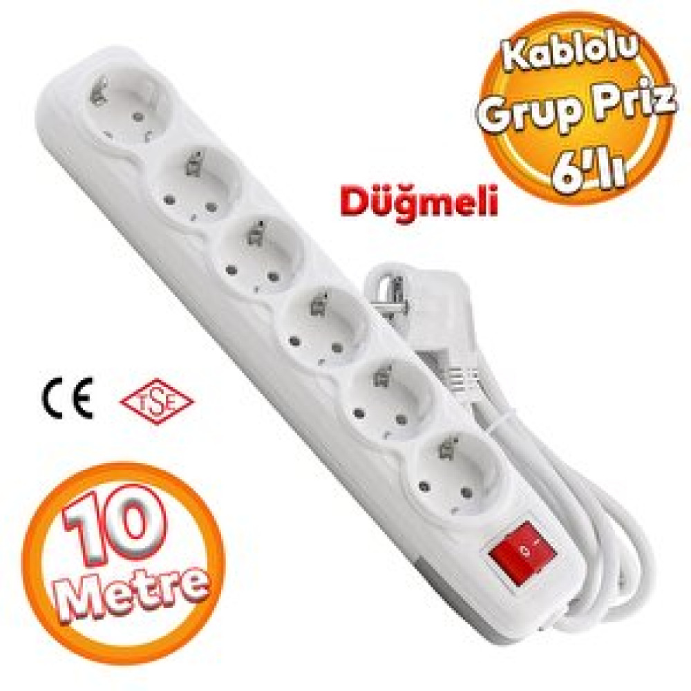 Badem10 Kablolu 6'lı Topraklı Grup Priz Fiş Çoğaltıcı 10 Metre Çoklu Asmalı Uzatma Kablosu Anahtar Düğmeli Prizler Fiyatı