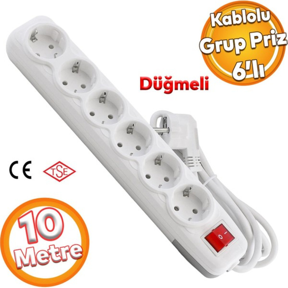 Badem10 Kablolu 6'lı Topraklı Grup Priz Fiş Çoğaltıcı 10 Metre Çoklu Asmalı Uzatma Kablosu Anahtar Düğmeli - Beyaz Prizler Fiyatı