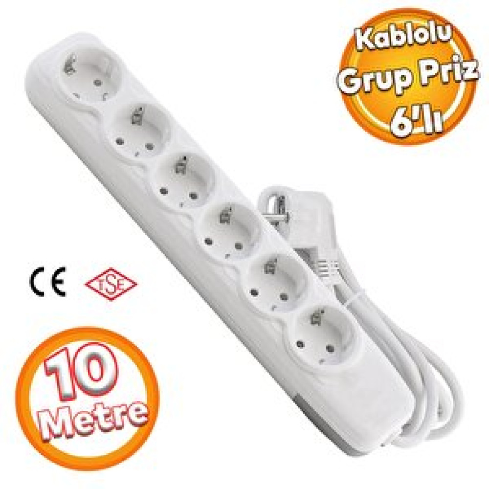 Badem10 Kablolu 6'lı Topraklı Grup Priz Fiş Çoğaltıcı 10 Metre Çoklu Asmalı Uzatma Kablosu Anahtarsız Prizler Fiyatı