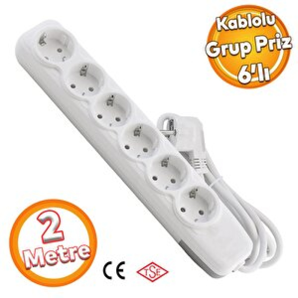 Badem10 Kablolu 6'lı Topraklı Grup Priz Fiş Çoğaltıcı 2 Metre Çoklu Asmalı Uzatma Kablosu Anahtarsız Prizler Fiyatı