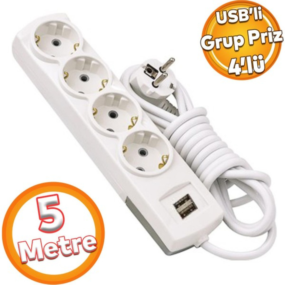 Badem10 Kablolu Usb'li 4'lü Topraklı Grup Priz Fiş Çoğaltıcı 5 Metre Çoklu Asmalı Uzatma Kablosu Düğmesiz - Beyaz Prizler Fiyatı