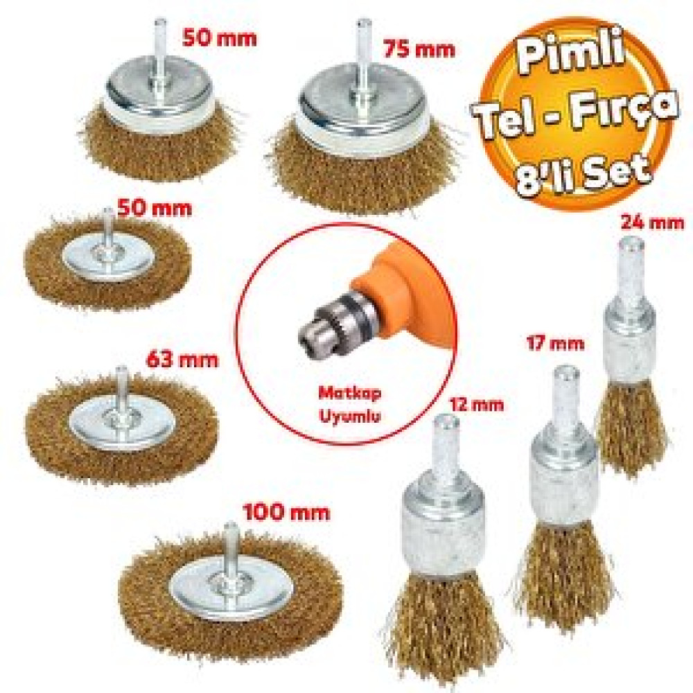 Badem10 Kalem Çanak Tel Fırça Boya Kurum Pas Zımparalama Temizleme Fırçası Pimli Matkap Uyumlu 8 'li Set Matkaplar Fiyatı