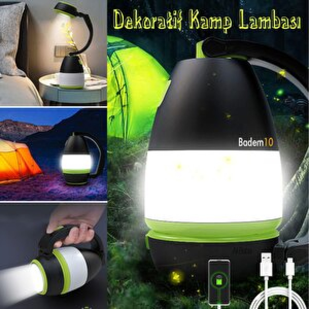 Badem10 Klaus Dekoratif Kamp Lambası Ledli Beyaz Işıklı El Feneri Işıldak Şarjlı Masa Gece Lamba Yeşil Kafa Feneri Fiyatı
