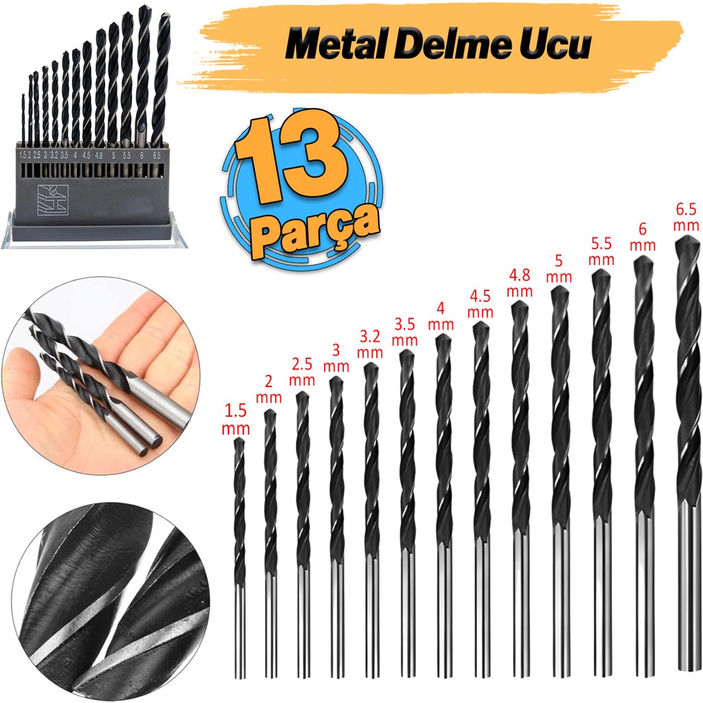 Badem10 Metal Delme Matkap Ucu Seti 13 'lü Paket Çelik Metal Alüminyum Delici Uç 1.5 - 6.5 mm Arası Çap - 1 Matkaplar Fiyatı
