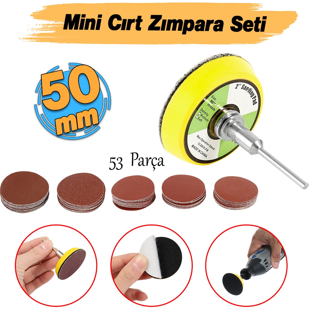 Badem10 Pimli Mini 53'lü Cırt Zımpara Seti 50 mm Taban Matkap Uyumlu 80 120 320 600 800 Kum Karışık Grit - Renkli - 1 Adet Matkaplar Fiyatı