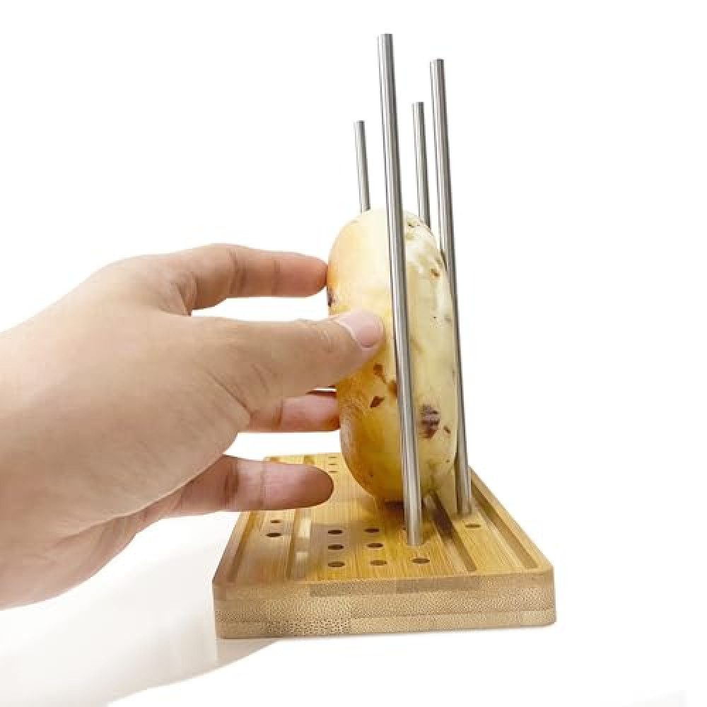 Bagel Slicer Cutter for Small and Large Bagels, Adjustable Stainless Steel Slicing Guide, Easy to Store Bamboo Base, Universal for English Muffins, Bread Roll, Buns