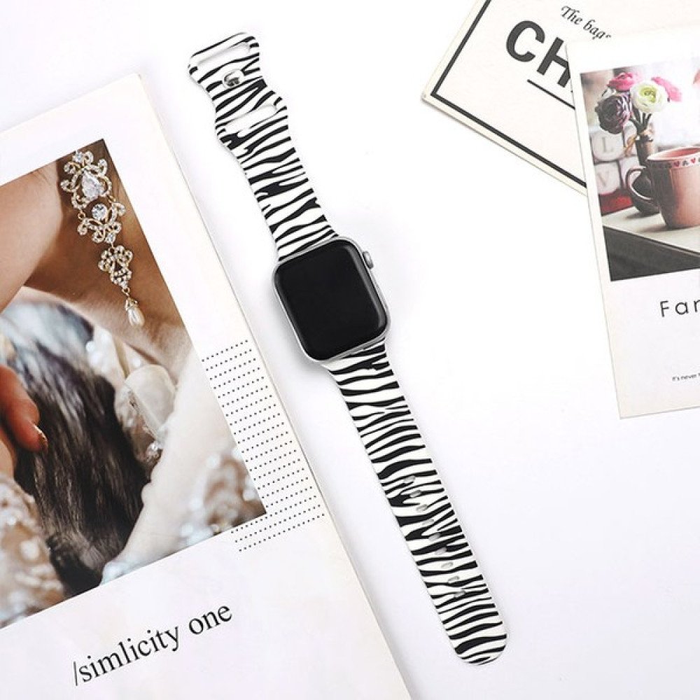 Bagies Apple Watch Zebra Desenli Baskılı Silikon Kordon 38 mm 40 mm 41 mm Uyumlu - Siyah - Beyaz Giyilebilir Teknoloji Aksesuarları Fiyatı
