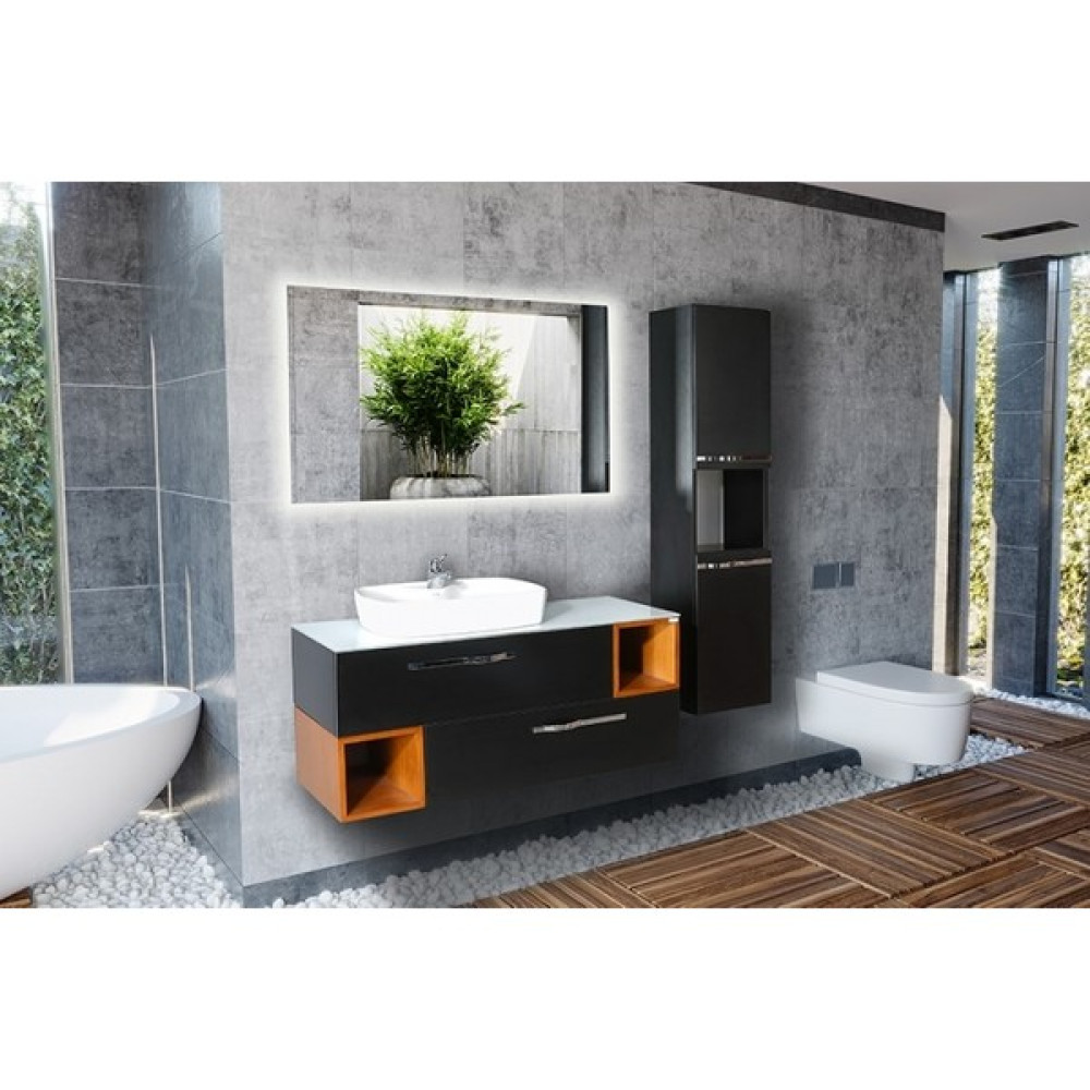 Bagnotti Scorpius 80 cm Mat Siyah - Teak Ahşap LED Aynalı Banyo Dolabı Banyo Dolabı / Mobilyası Fiyatı