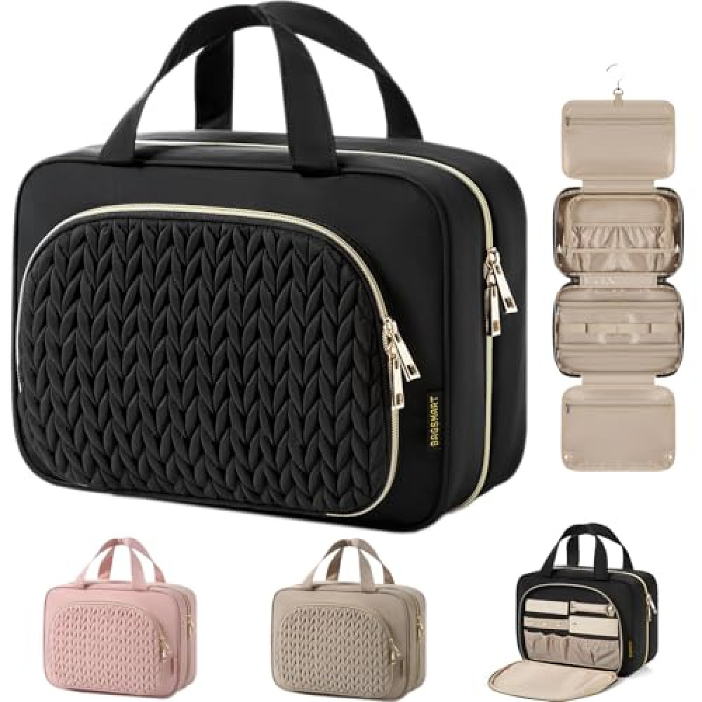 BAGSMART Travel Toiletry Bag with Jewelry Organizer, Hanging Travel Bag for Toiletries, Makeup Cosmetic Bag Organizer, Carry-on Travel Accessories Essentials, Black-M