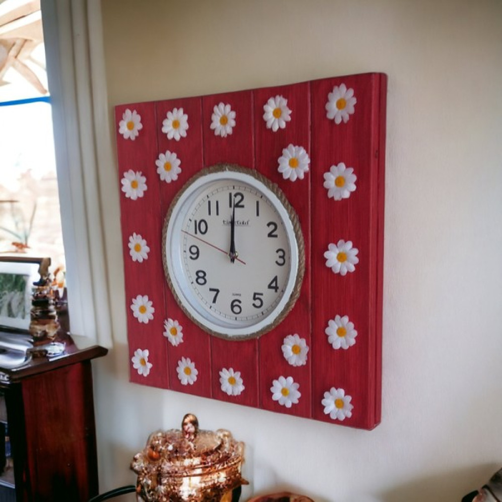 Bahat Ahşap Çam Ağacı Salon Ofis Duvar Saati Papatyalı Duvar Çiçekliği Süsü 41*42 cm Oto Boyaları Fiyatı