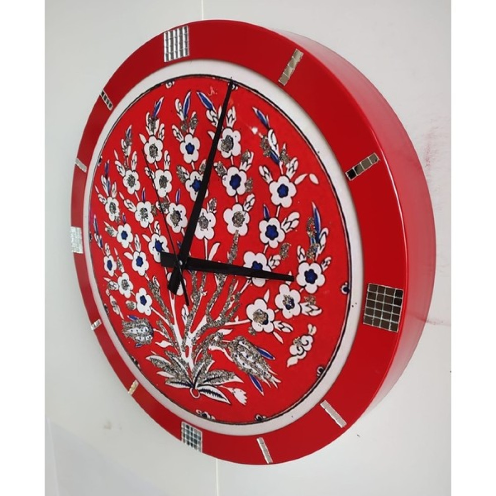 Bahat Tedarik Çinili Simli Ofis Salon Duvar Saati Kırmızı Metal Çerçeve 36 Cm Camsız - Mat Saray Ceviz Dekoratif Saat Fiyatı