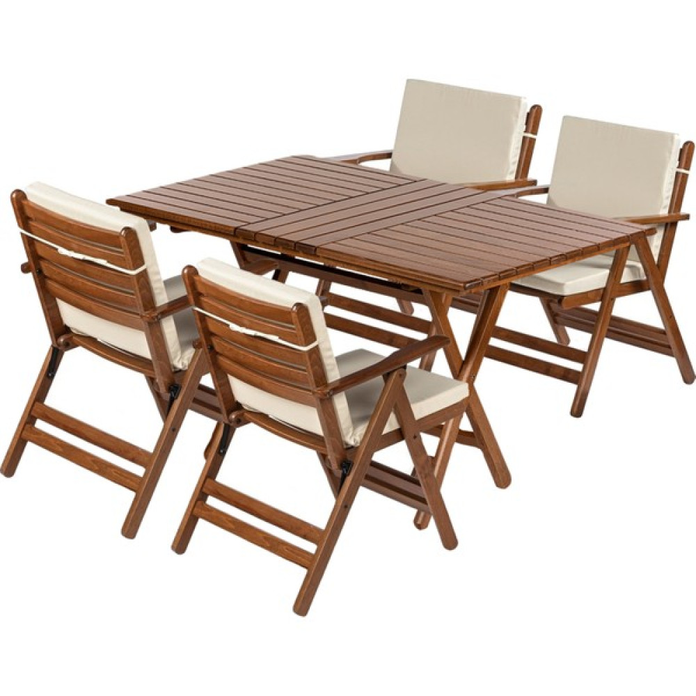 Bahçeme Antalya Ahşap Bahçe Balkon Takımı 70 x 120 cm Masa + 4 Minderli Sandalye Katlanır Set Bahçe Mobilyası Takımı Fiyatı