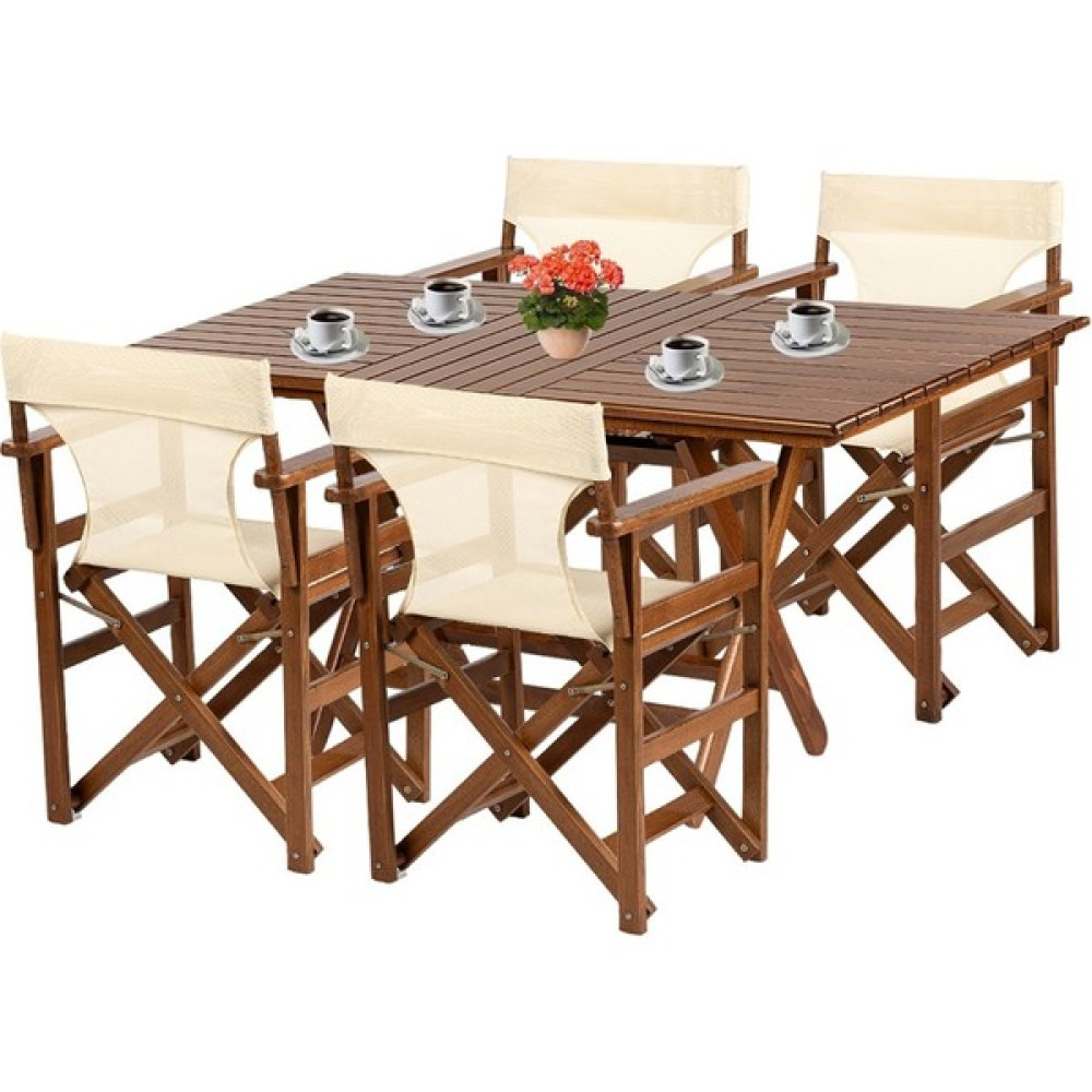 Bahçeme Yönetmen Ahşap Bahçe Balkon Seti: 70X120 Masa + 4 Sandalye Katlanır Takım - Ahşap - Krem - 70 x 120 cm Bahçe Mobilyası Takımı Fiyatı