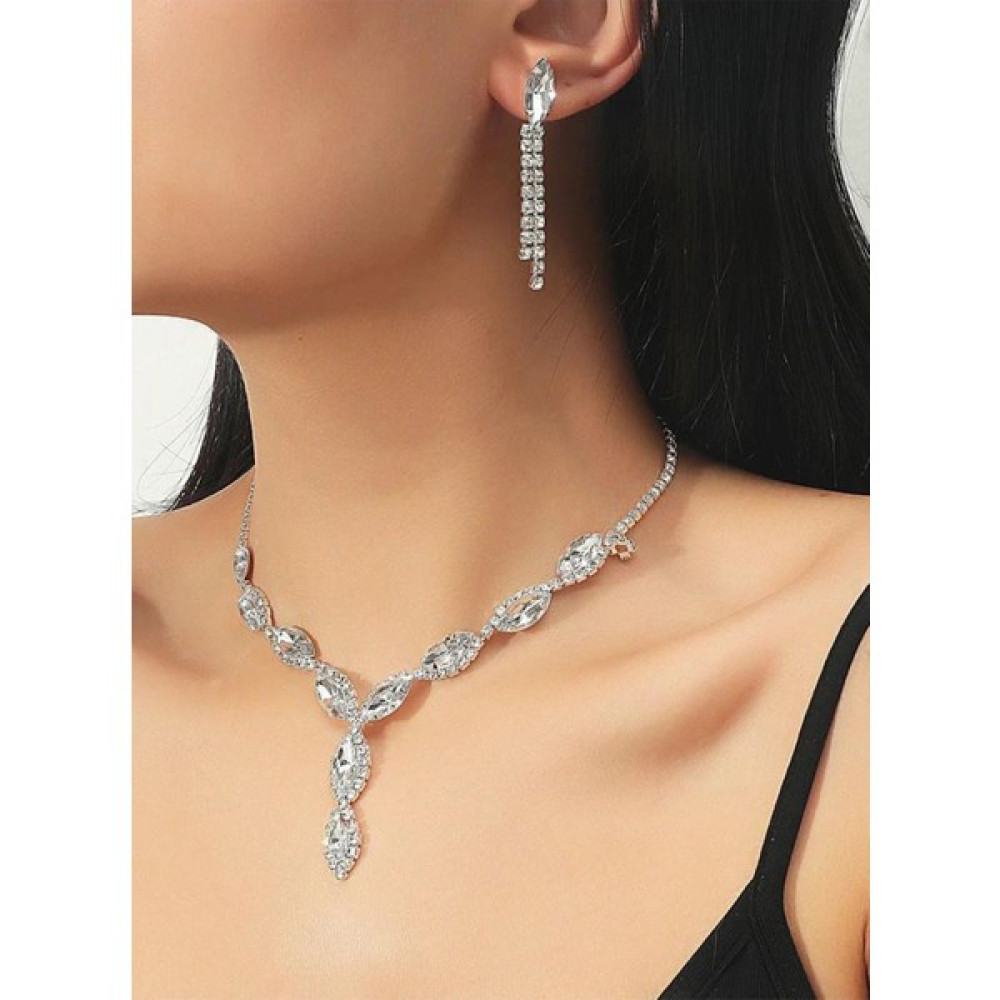 Bahels Gümüş Kaplama Kristal Taşlı Kolye ve Küpe Seti Özel Günler Seti Düğün Seti Nişan Abiye Seti Bijuteri Kolye Fiyatı