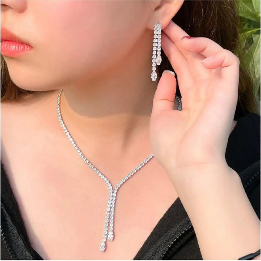 Bahels Gümüş Kaplama Zirkon Taşlı Rhinestone Su Yolu Kolye Küpe Seti Gelin Seti Parti Davet Seti Bijuteri Kolye Fiyatı