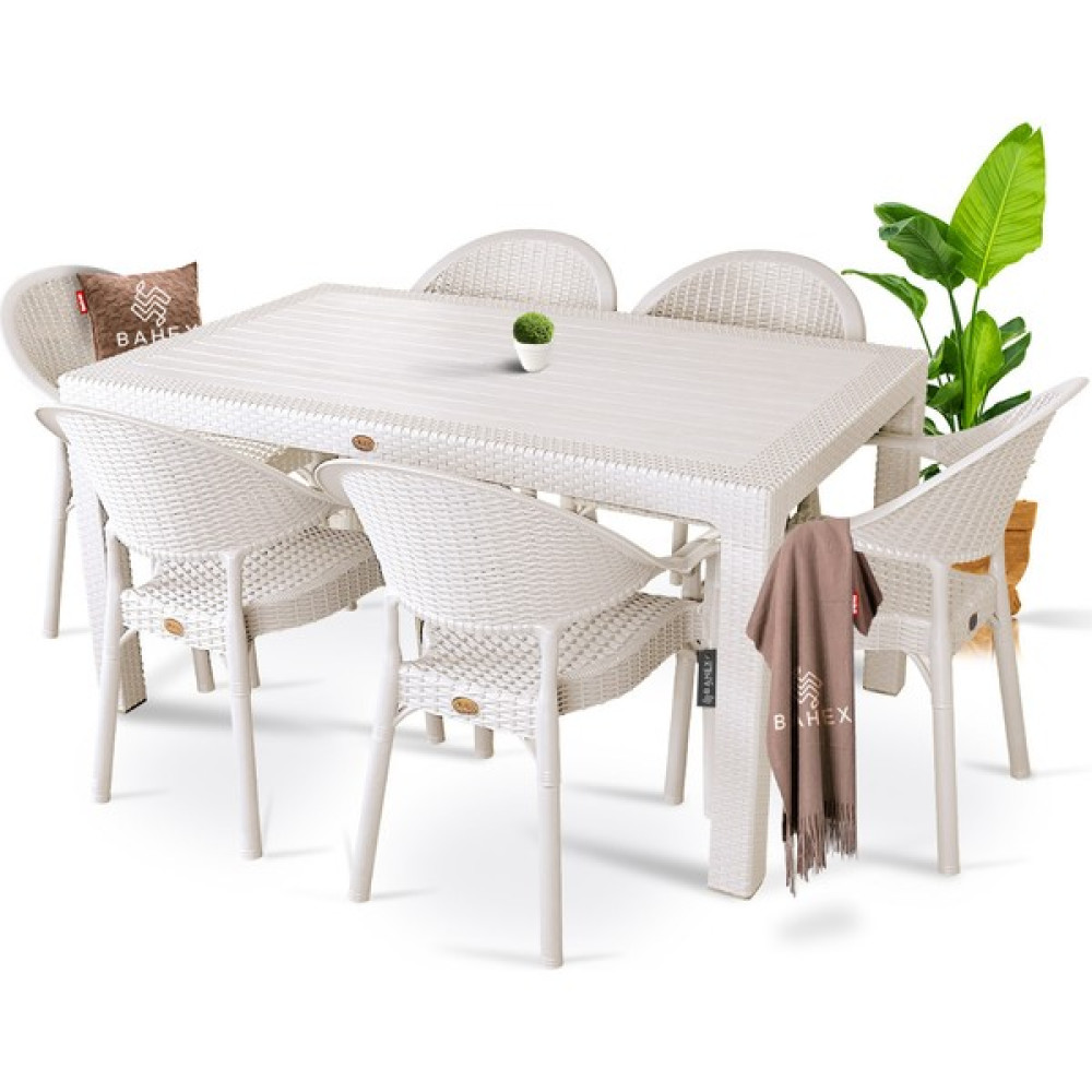 Bahex Bambu Neew 90 x 150 cm Rattan Bahçe Balkon Masa Takımı 6 Kişilik Camsız Set - Krem Bahçe Mobilyası Takımı Fiyatı