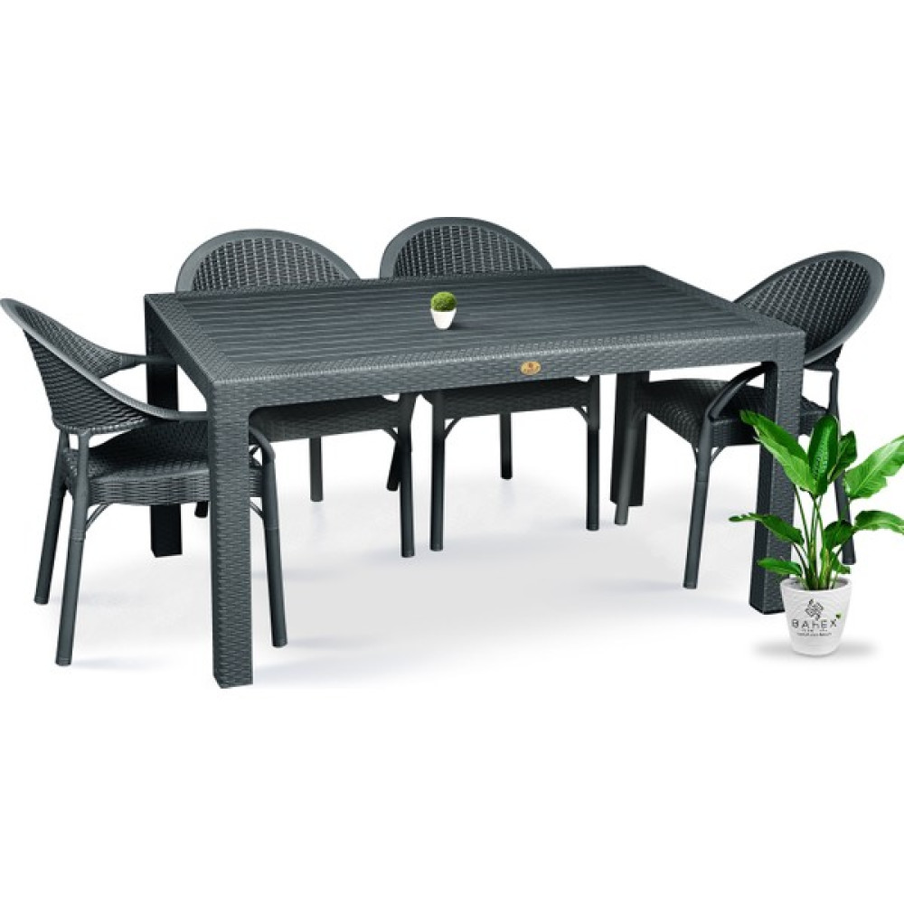 Bahex Bambu Pro 4'lü 90 x 150 cm Rattan Bahçe Balkon Masa Takımı 4 Kişilik Camsız Set Siyah Bahçe Mobilyası Takımı Fiyatı