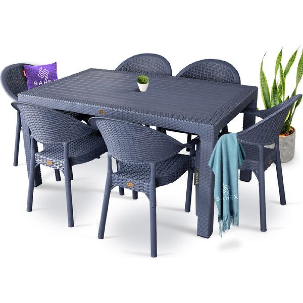Bahex Bambu Pro 90X150CM Rattan Bahçe Balkon Masa Takımı 6 Kişilik Camsız Set - Antrasit Bahçe Mobilyası Takımı Fiyatı
