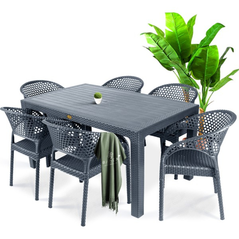 Bahex Defne 90 x 150 cm Rattan Bahçe Balkon Masa Takımı 6 Kişilik Camsız Set - Antrasit - 90x150 Bahçe Mobilyası Takımı Fiyatı