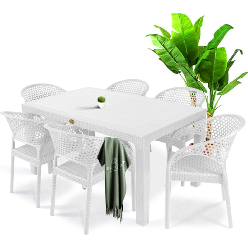 Bahex Defne 90 x 150 cm Rattan Bahçe Balkon Masa Takımı 6 Kişilik Camsız Set - Beyaz - 90x150 Bahçe Mobilyası Takımı Fiyatı
