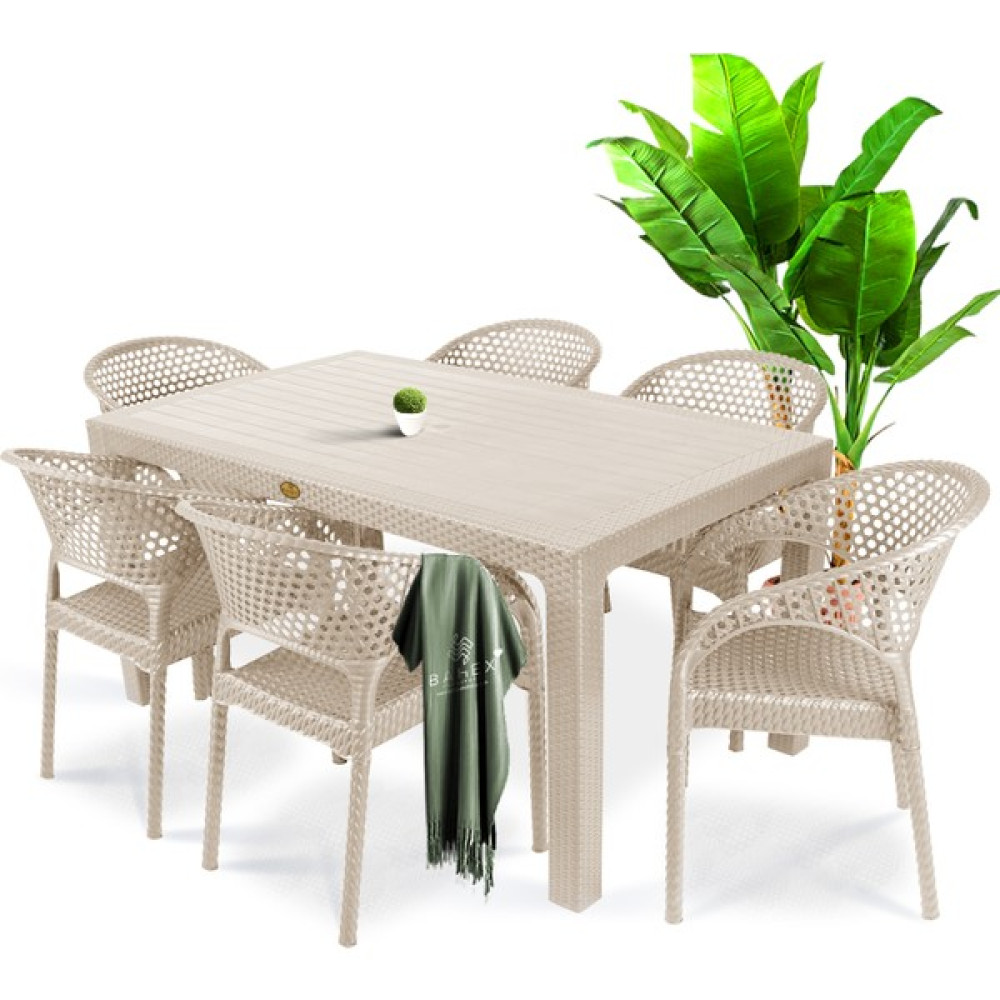 Bahex Defne 90 x 150 cm Rattan Bahçe Balkon Masa Takımı 6 Kişilik Camsız Set - Krem - 90x150 Bahçe Mobilyası Takımı Fiyatı