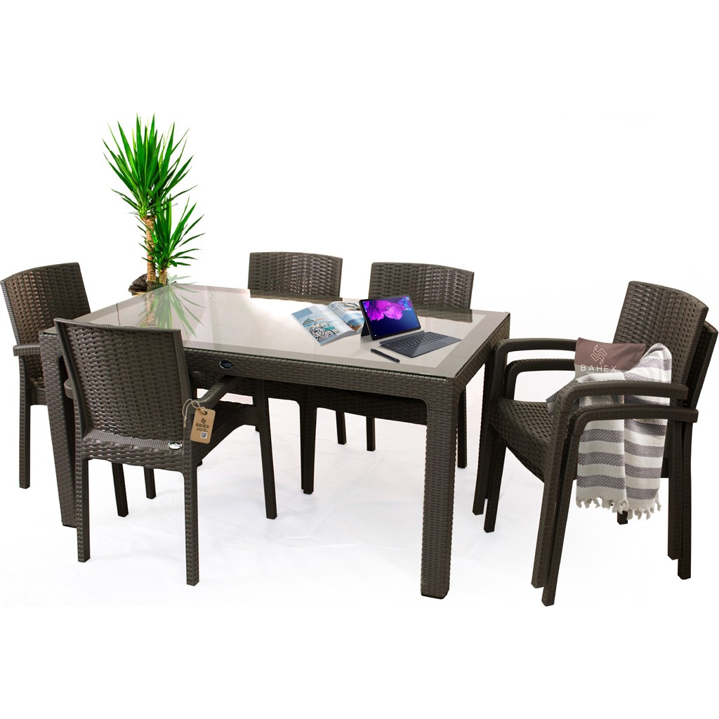 Bahex Rattan Masa Takımı 90X150 Camlı Masa 6 Kişilik Rattan Sandalye Seti Bahçe Balkon Teras Takımı Diğer Fiyatı