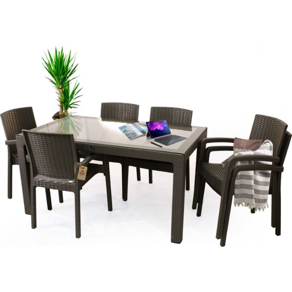 Bahex Violet 6 Kişilik 90X150 Camlı Rattan Desenli Masa Takımı 4 Renk Seçeneği Bahçe Sandalyesi Fiyatı