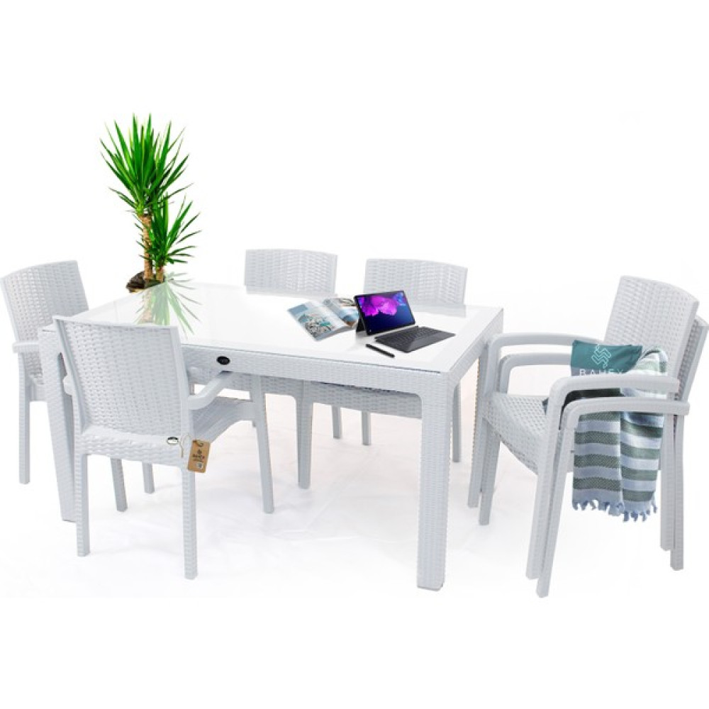 Bahex Violet 6 Kişilik 90X150 Camlı Rattan Desenli Masa Takımı 4 Renk Seçeneği - Beyaz Bahçe Sandalyesi Fiyatı