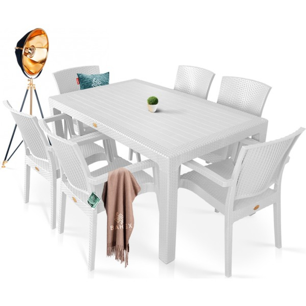 Bahex Zeugma Pro 90 x 150 cm Rattan Bahçe Balkon Masa Takımı 6 Kişilik Camsız Set - Beyaz Bahçe Mobilyası Takımı Fiyatı