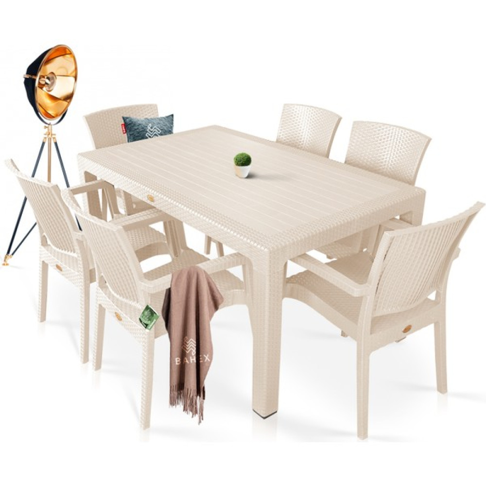 Bahex Zeugma Pro 90 x 150 cm Rattan Bahçe Balkon Masa Takımı 6 Kişilik Camsız Set - Krem Bahçe Mobilyası Takımı Fiyatı